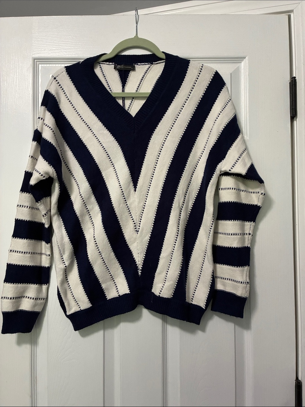 Striped V-Neck Sweater in Navy and White